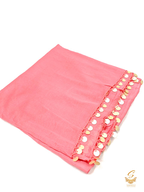 Watermelon pink colour pure chiffon based plain dupatta with sippy lace border