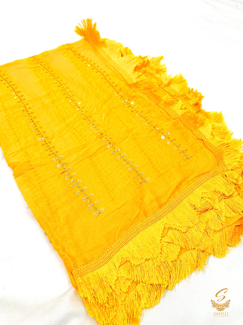 Mustard colour pure chiffon very soft dupatta with sequined work and thread jhallar lace