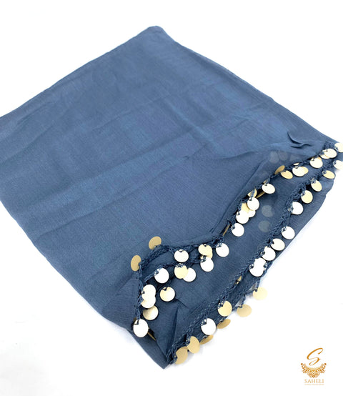 Dark Grey colour pure chiffon based plain dupatta with sippy lace border