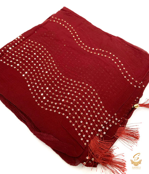 Maroon colour pure chiffon sippy work beautiful dupatta