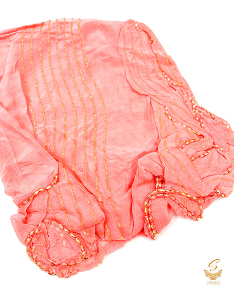 Watermelon Pink colour pure chiffon golden work dupatta