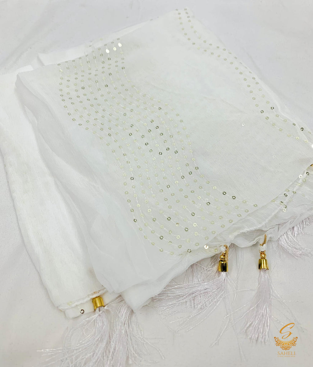 White colour pure chiffon sippy work beautiful dupatta– Saheli Ethnic ...