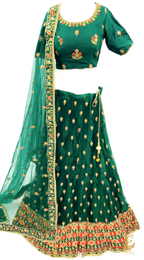 Deep Bottle green colour netting based beautiful heavy embroidered work heavy ken ken big flare stitched Lehnga & Blouse with attached Tessels & heavy lace border beaded work DupattaSize 42 (UPTO 46)