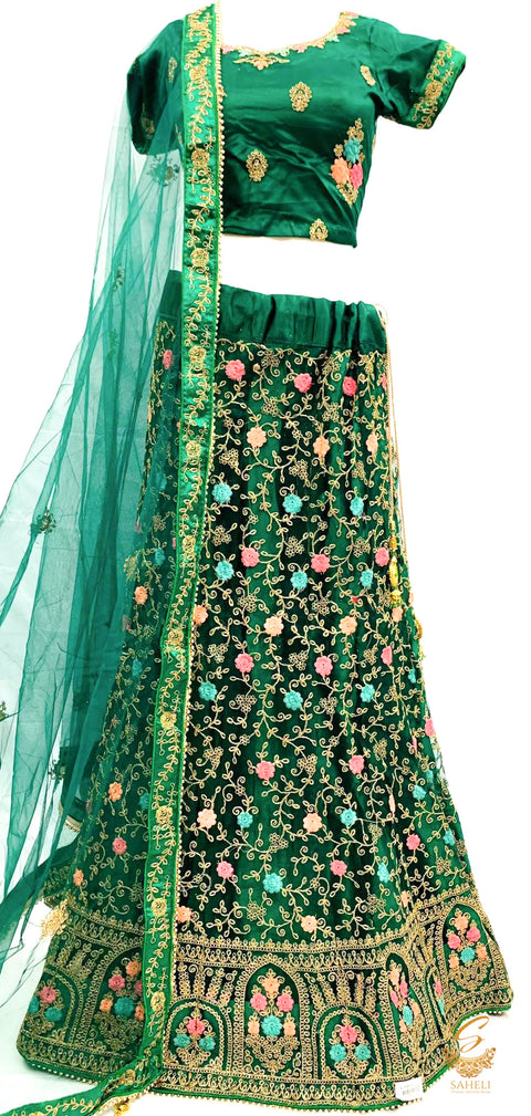 Deep Forest Green colour netting based beautiful embroidered heavy work flared designer lehnga & Blouse with heavy tessels & Heavy work with bead lace broder dupatta (SIZE 44(UPTO 46))