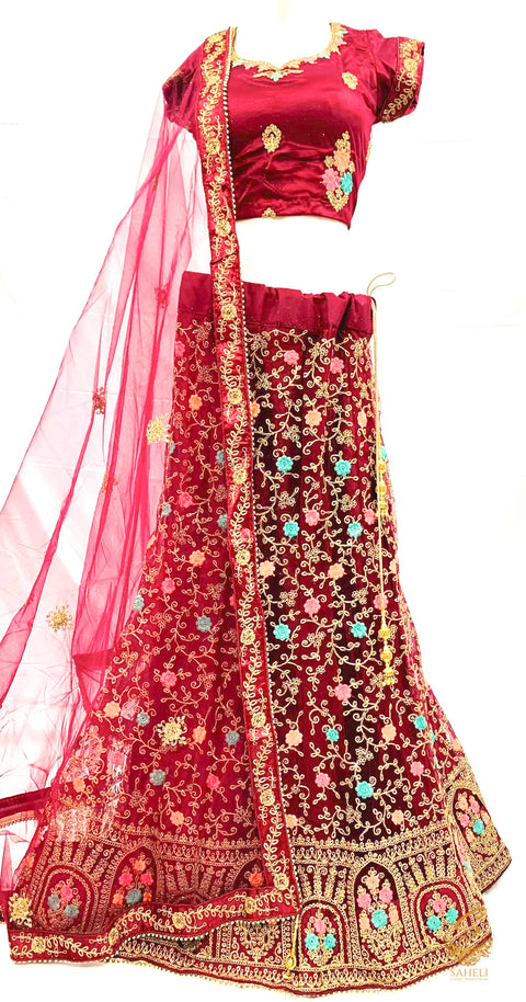 Maroon colour netting based beautiful embroidered heavy work flared designer lehnga & Blouse with heavy tessels & Heavy work with bead lace broder dupatta (SIZE 42(UPTO 46))