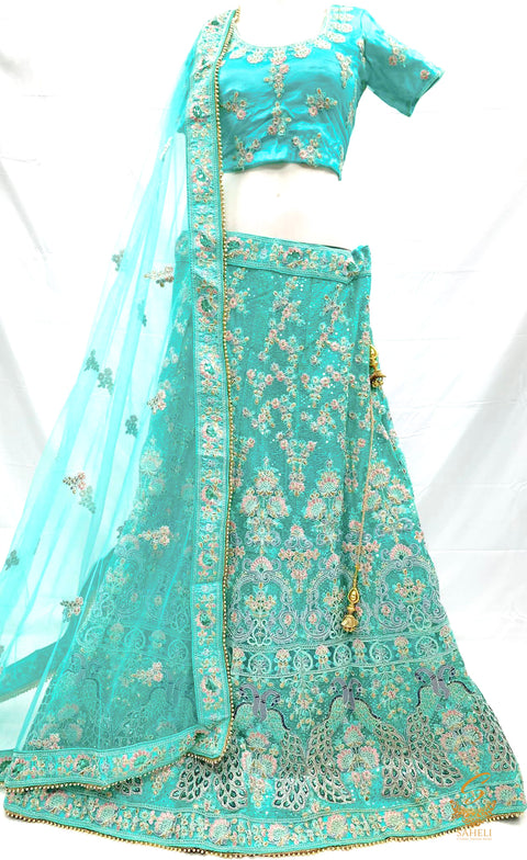 Aqua Green colour netting based beautiful embroidered heavy work with peacock design heavy flared designer lehnga & Blouse with heavy tessels & Heavy work with bead lace broder dupatta (SIZE 42 (UPTO 48))