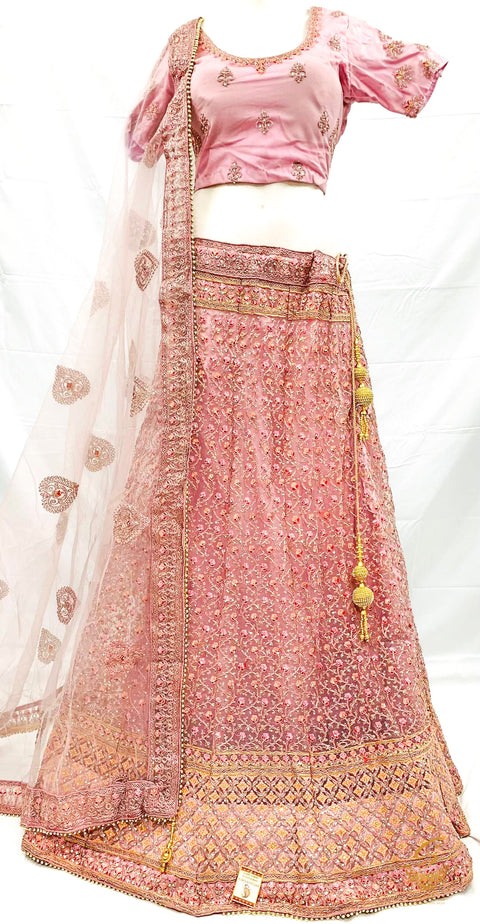 PAstel Lemonade (Pink) colour netting based beautiful heavy embroidered work heavy ken ken big flare stitched Lehnga & Blouse with attached Tessels & heavy lace border beaded work DupattaSize 40 (UPTO 46)