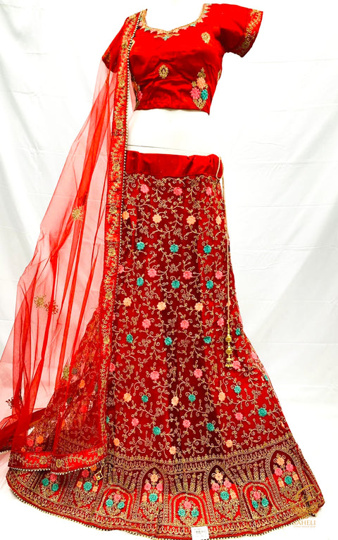 Size 42(upto 44) Dark Pink colour netting based heavy embroidery work on Blouse & Lehnga with heavy work netting dupatta