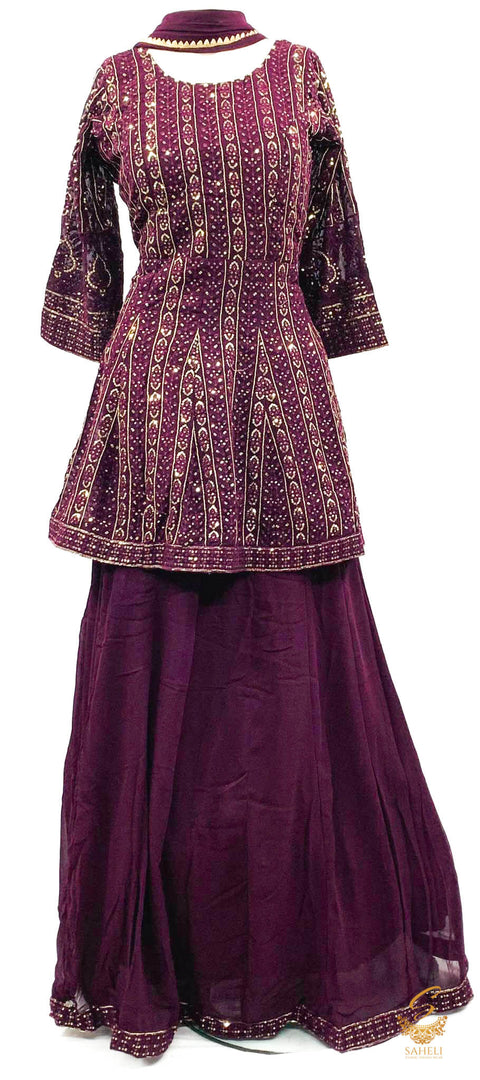 Size 40 Dark Plum colour georgette based sequined with embroidery work designer kameez & lehnga