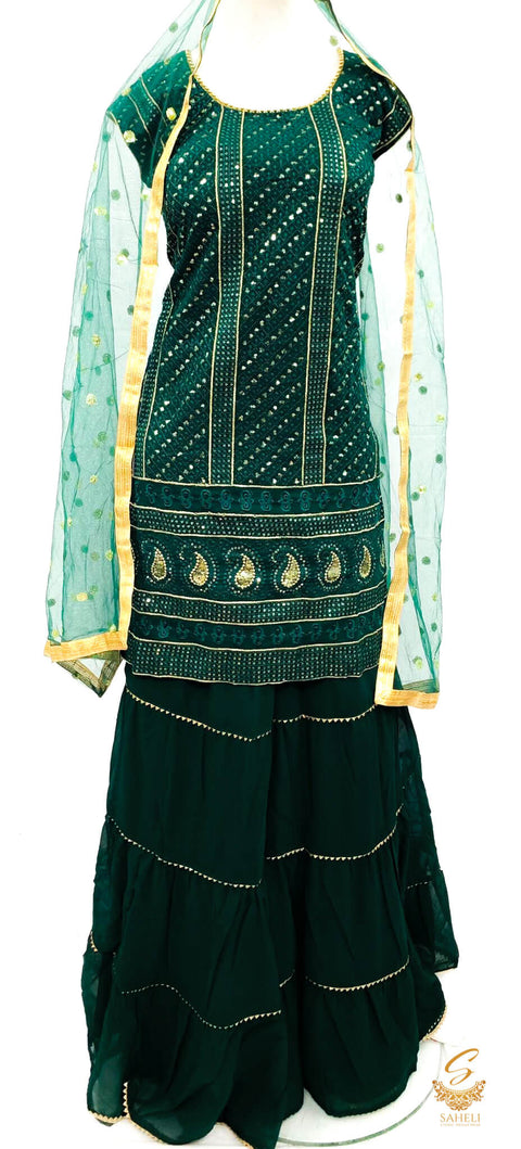 Size 52(upto 54) Deep KAi green colour georgette based embroidery with sequined work kameez with sharara & dupatta