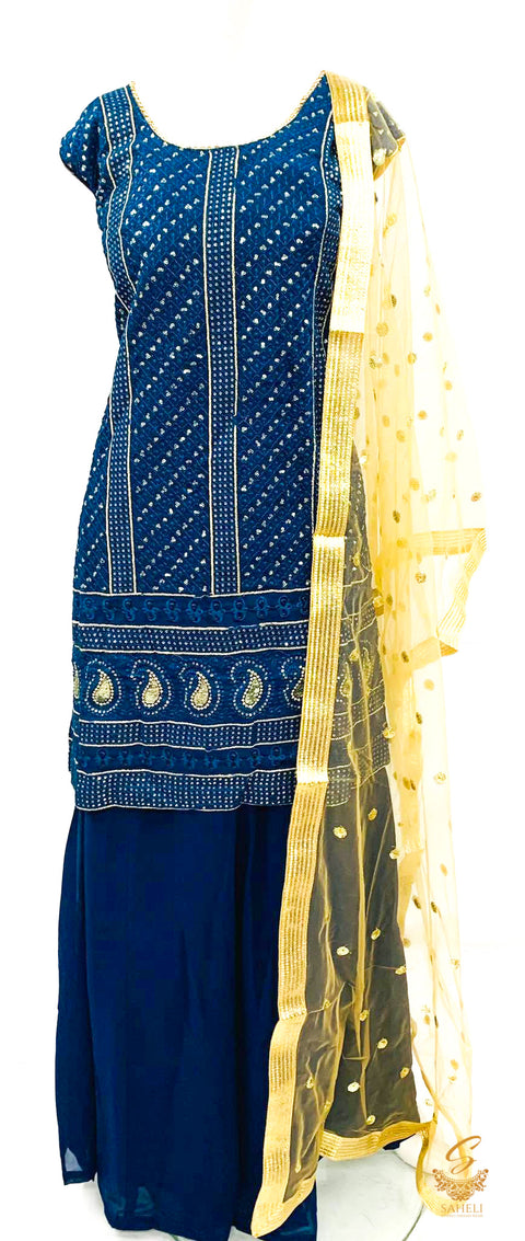 Georgette based embroidery with sequined work kameez with sharara & dupatta