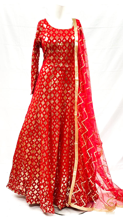 Size 44 (upto 46)Deep Rasberry colour heavy sequined work designer gown with netting based sequined dupatta