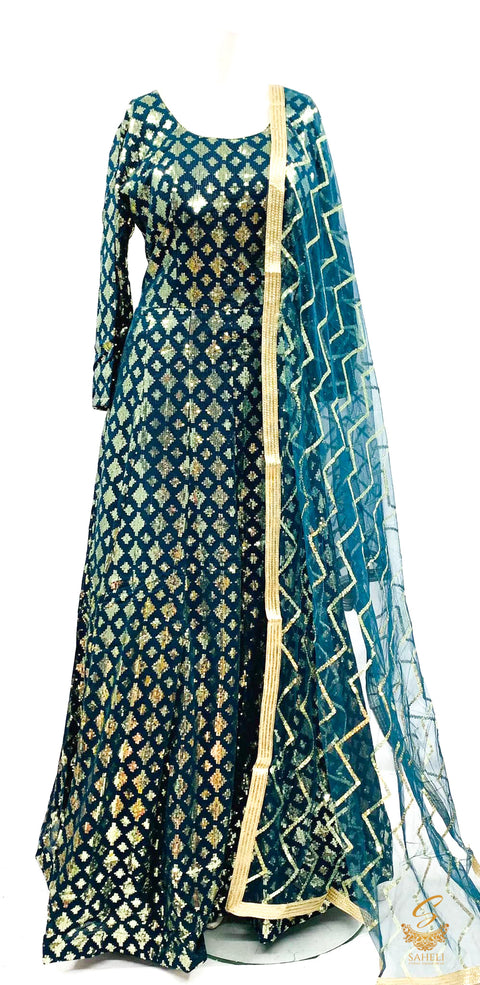 Size 40 (upto 44)Deep Teal colour heavy sequined work designer gown with netting based sequined dupatta