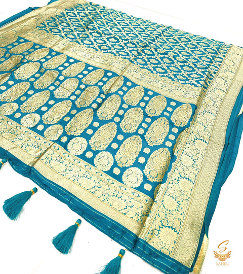 TEal Blue Colour banarsi brocade silk saree with fine stone work