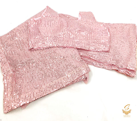 Size 36 (upto 38) Pastel baby pink colour Stitched Sequined blouse with soft & pure Stretchy netting based all over sequined saree
