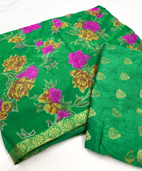 Pure chiffon based floral print saree with attached faal