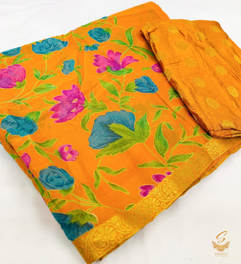 Pure chiffon based floral print saree with attached faal