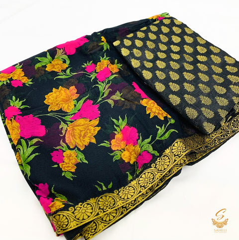 Pure chiffon based floral print saree with attached faal