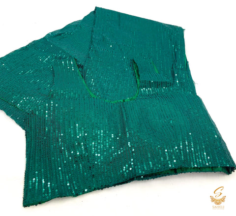 Size 36 (upto 38) Deep Green colour Stitched Sequined blouse with soft & pure Stretchy netting based all over sequined saree