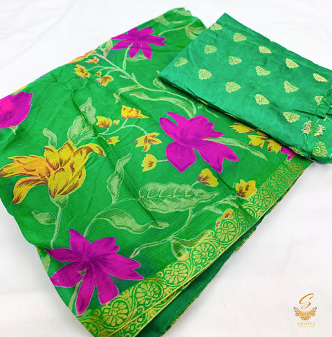 Pure chiffon based floral print saree with attached faal