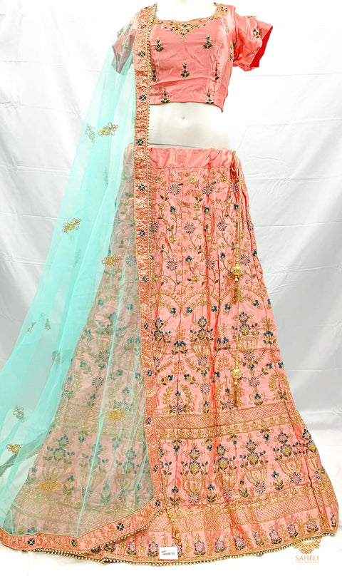 Size 44(upto 48) Pastel Pink colour silk based heavy embroidery work on Blouse & Lehnga with heavy work netting dupatta