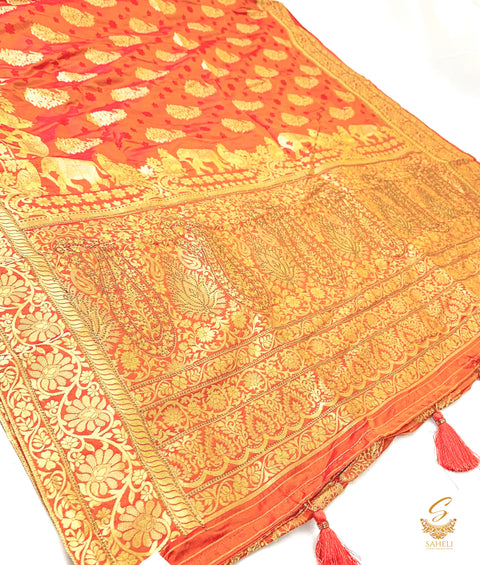 Tow toned of Pink Colour banarsi brocade silk saree with fine stone work