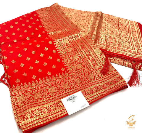 Bright Red Colour banarsi brocade silk saree