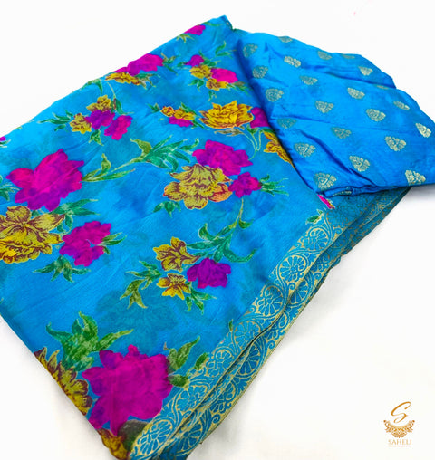 Pure chiffon based floral print saree with attached faal