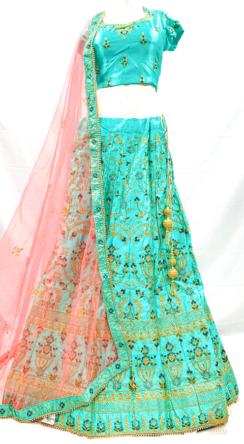 Size 44(upto 48) Sea Green colour silk based heavy embroidery work on Blouse & Lehnga with heavy work netting dupatta