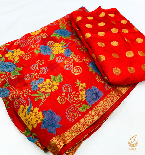 Pure chiffon based floral print saree with attached faal