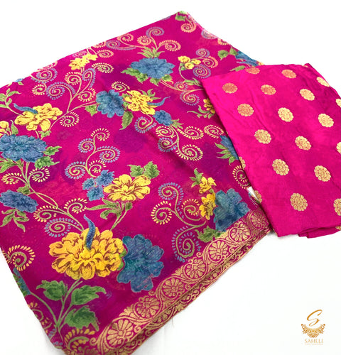 Pure chiffon based floral print saree with attached faal