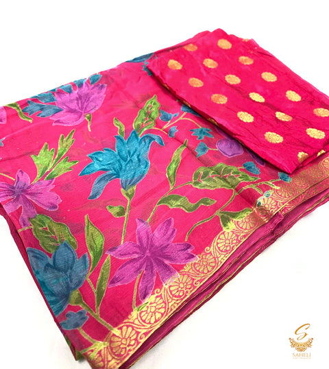 Pure chiffon based floral print saree with attached faal
