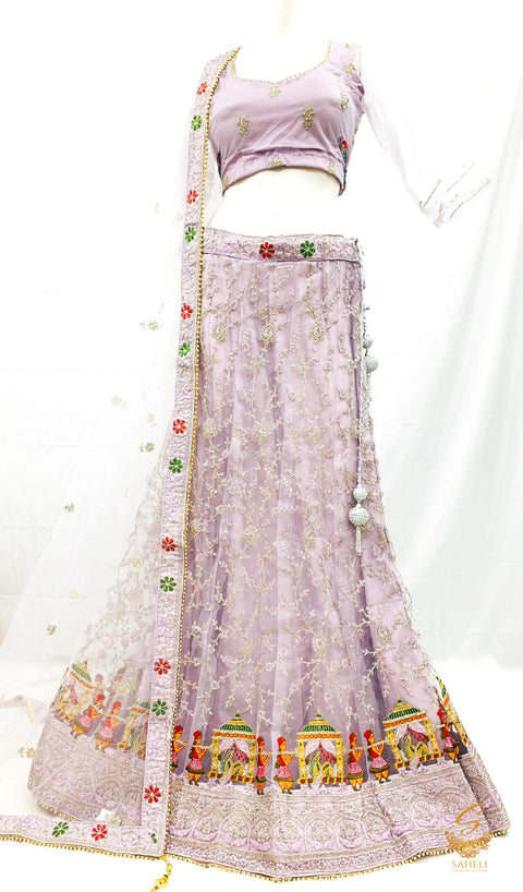 (SIZE 42 (Upto 46)) Pastel Lavender colour netting Based Beautiful multicoloured Embroidery Work With sequined Stones work Very Heavy Ken Ken Heavy Designer Lehnga With Heavy Tessels Attached To Blouse & Lehnga With Heavy Work Contrast Dupatta