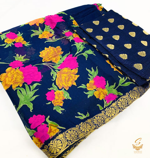 Pure chiffon based floral print saree with attached faal
