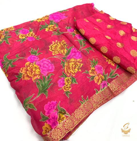 Pure chiffon based floral print saree with attached faal