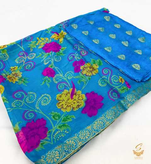 Pure chiffon based floral print saree with attached faal