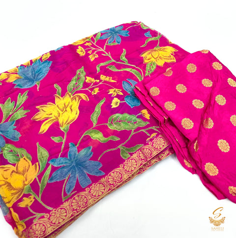 Pure chiffon based floral print saree with attached faal