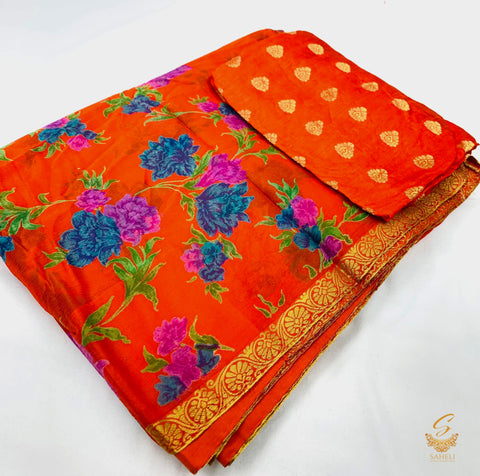 Pure chiffon based floral print saree with attached faal
