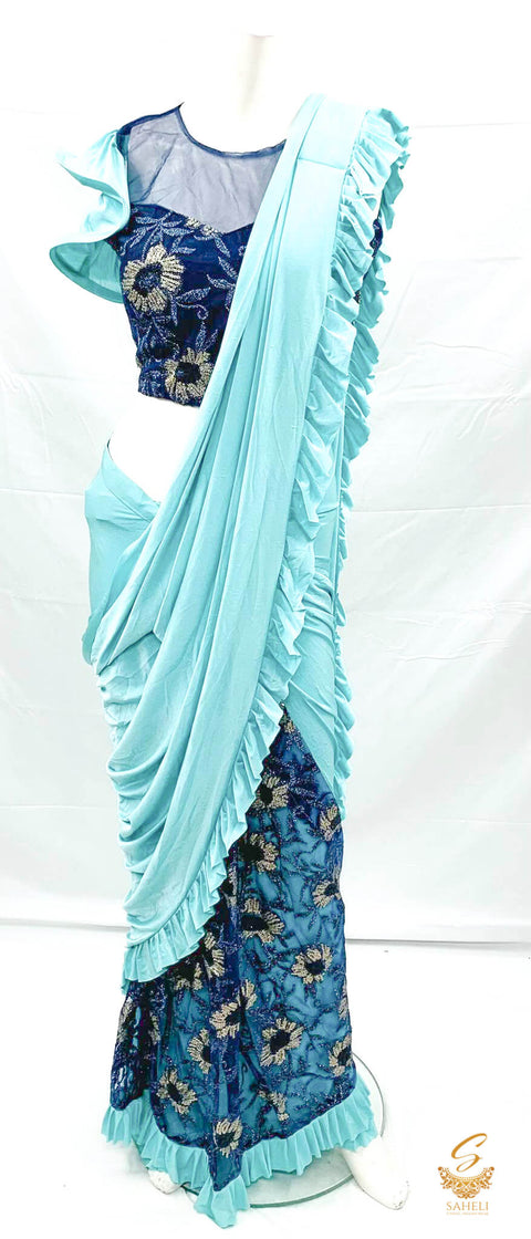Size (38 (upto 40) Nevi Blue colour netting based embroidery & Sequined work beautiful designer blouse with readymade  Pastel blue saree