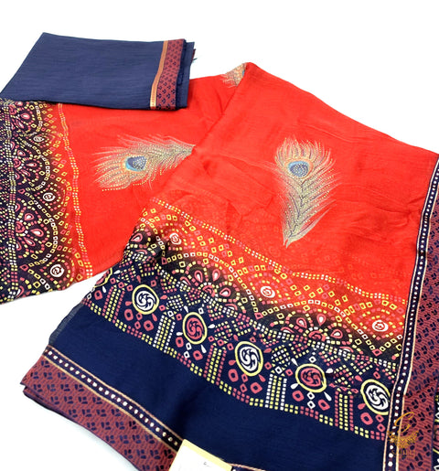 Red colour pure patola georgette based peacock feather print Saree