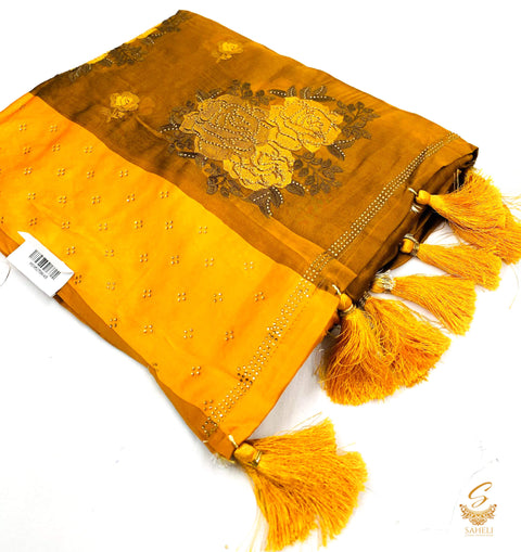 Deep Dijon  colour very soft crepe georgette beautiful resham work embroidered saree with fine stone work