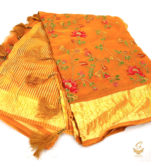 Deep Fire gold yellow colour very soft organza based beautiful resham work embroidered saree