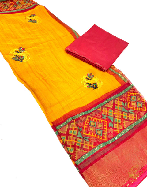 Mustard and Hot pink colour very soft crepe georgette beautiful print saree with fine stone work