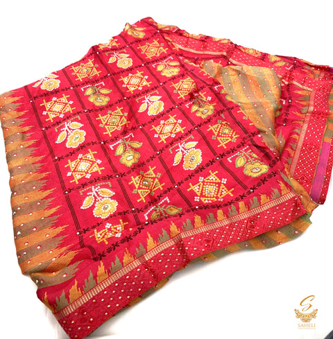 Hot pink colour jaipuri print crepe georgette based beautiful soft saree