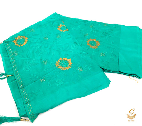 Lite teal colour crepe georgette based Resham embroidery work with fine stone work all over beautiful saree