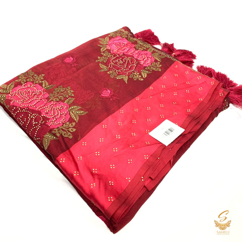 Deep Burgundy colour very soft crepe georgette beautiful resham work embroidered saree with fine stone work