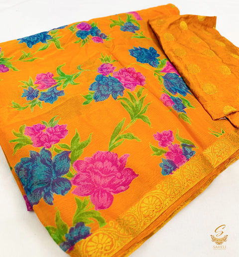 Pure chiffon based floral print saree with attached faal