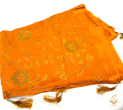 Dark Ochre Yellow colour crepe georgette based Resham embroidery work with fine stone work all over beautiful saree