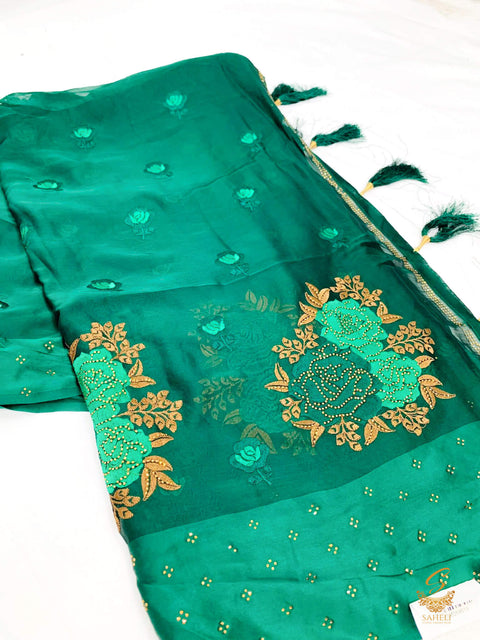 Deep Forest green colour very soft crepe georgette beautiful resham work embroidered saree with fine stone work