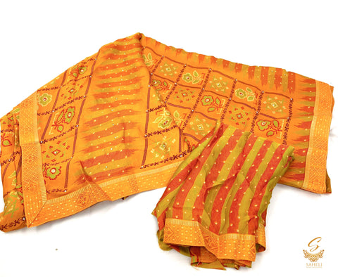 Orange colour jaipuri print crepe georgette based beautiful soft saree
